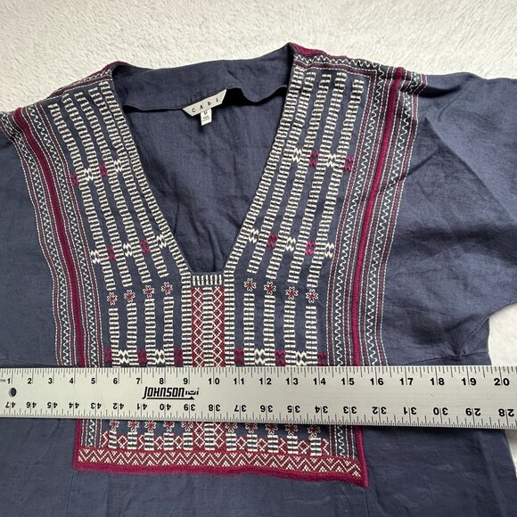 Cabi Womens Navy Embroidered Tunic Dress 100% Linen V-Neck With 3/4 Sleeves & Ba - Picture 7 of 9